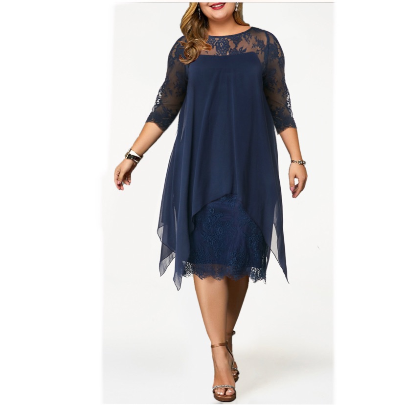 Navy Blue Lace Chiffon Overlay Dress